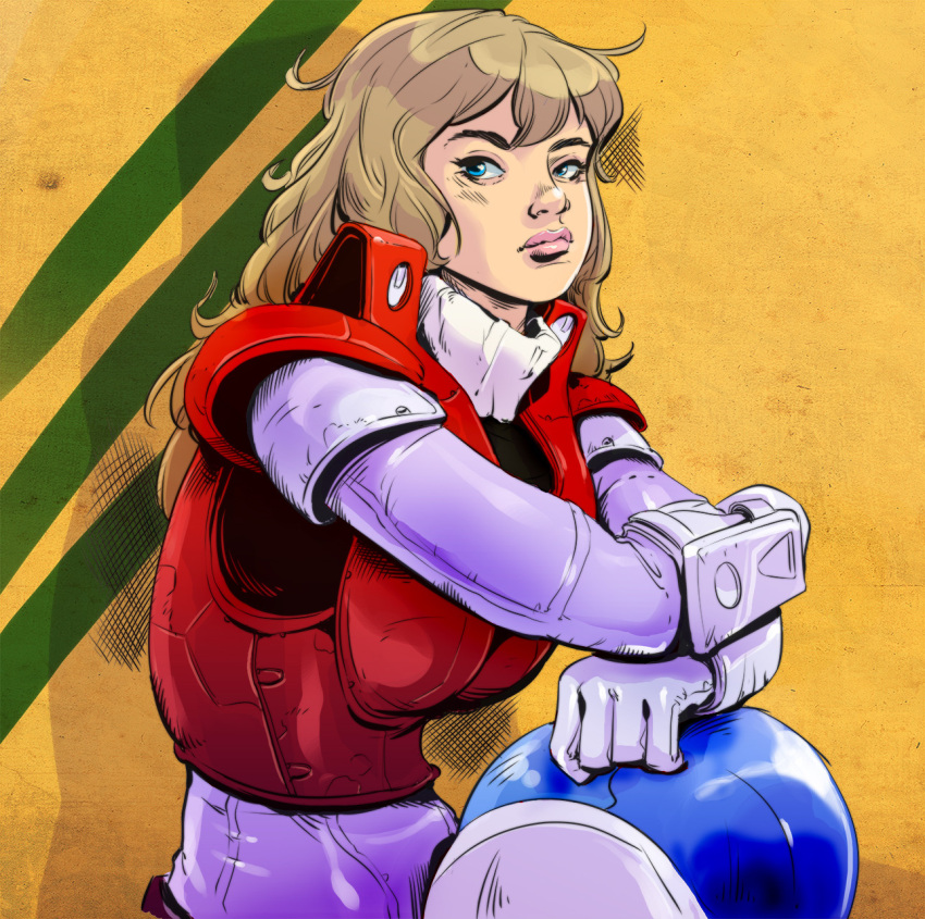 1girl, blonde_hair, blue_eyes, body_armor, damaged, dirty, english_commentary, gloves, headwear_removed, helmet, helmet_removed, highres, houquet_et_rose, ink_(medium), kikou_souseiki_mospeada, lips, looking_at_viewer, mospeada, mospeada_(mecha), power_armor, realistic, ride_armor, robotech, rook_bartley, science_fiction, serious, sitting, sketch, solo, traditional_media, upper_body, vincent_riley