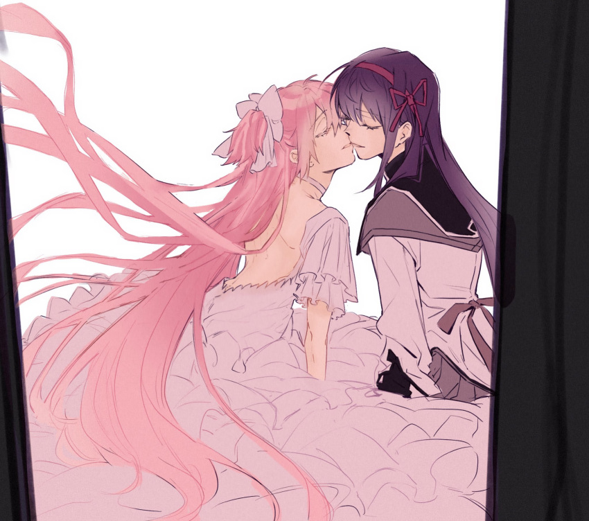 2girls, akemi_homura, black_hair, bow, capelet, closed_eyes, dress, frilled_dress, frills, goddess_madoka, hair_bow, hair_ribbon, highres, kaname_madoka, kiss, koyomania, long_hair, magical_girl, mahou_shoujo_madoka_magica, multiple_girls, pink_hair, pleated_skirt, red_ribbon, ribbon, skirt, smile, white_dress, yuri