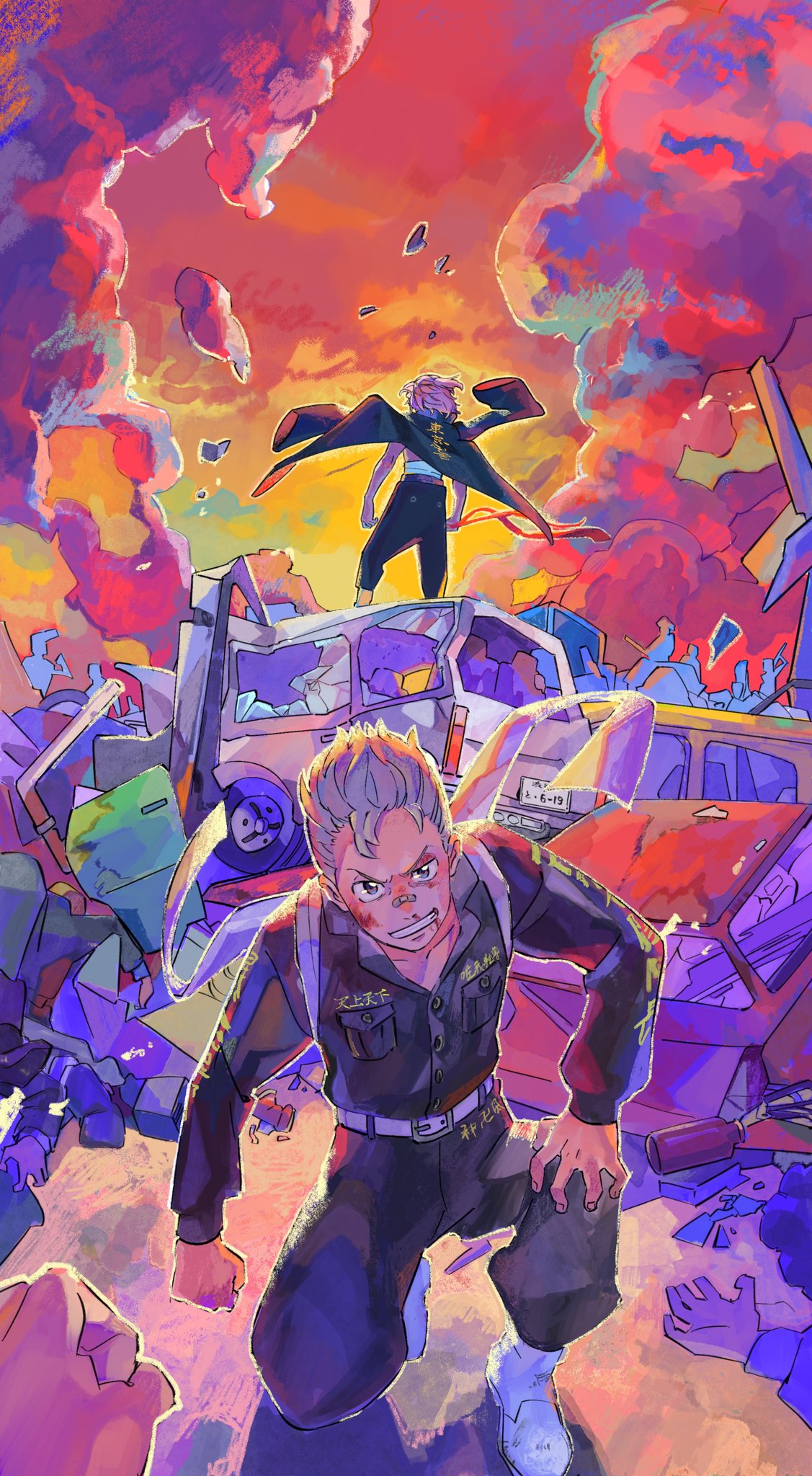 5boys, bandaid, bandaid_on_nose, belt, black_eyes, black_jacket, black_pants, blonde_hair
