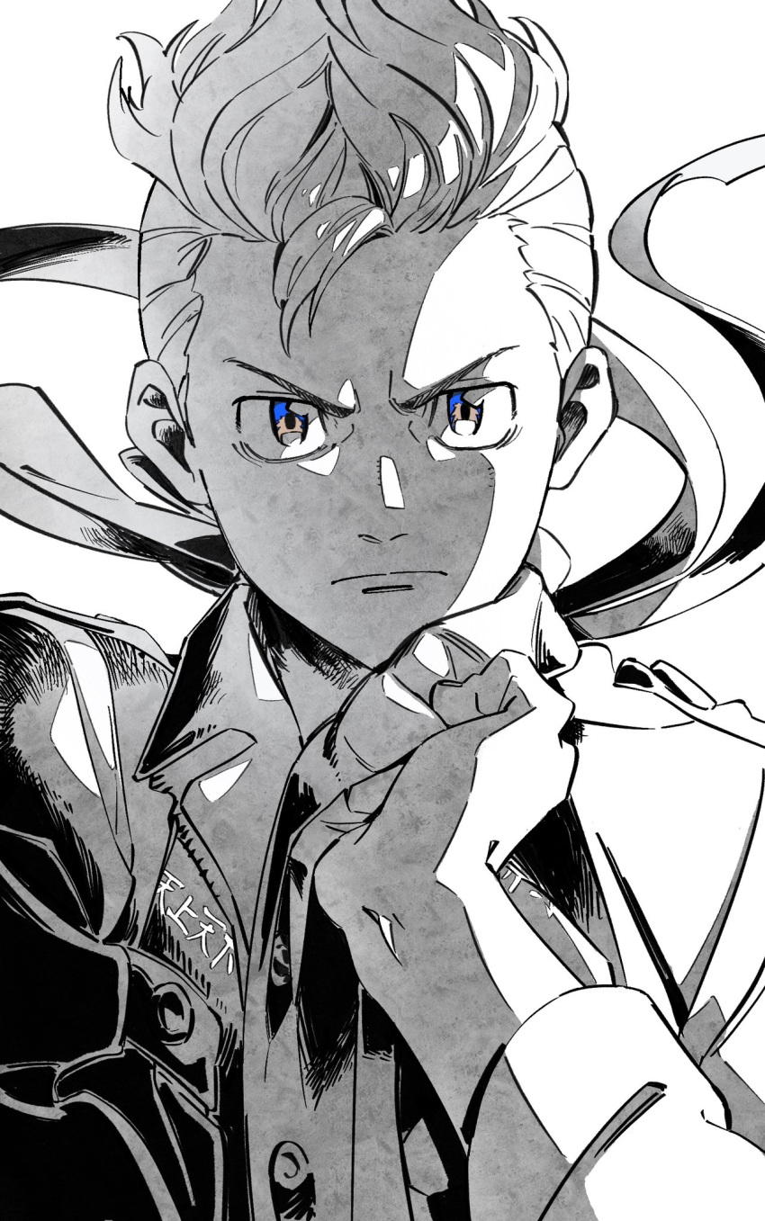 2boys, blue_eyes, closed_mouth, collar_grab, frown, greyscale, hanagaki_takemichi, highres, jacket, long_sleeves, looking_at_viewer, male_focus, monochrome, multiple_boys, pov, pov_hands, sa_(1satsuki0), sano_manjirou, short_hair, simple_background, spot_color, tokyo_revengers, upper_body, v-shaped_eyebrows
