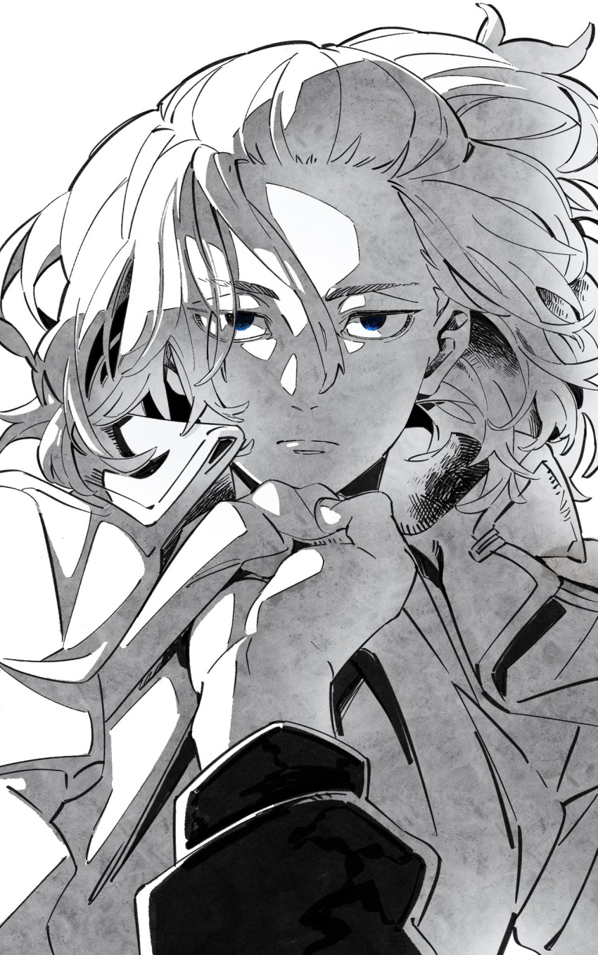 2boys, bangs, closed_mouth, collar_grab, empty_eyes, eyes_visible_through_hair, forehead, greyscale