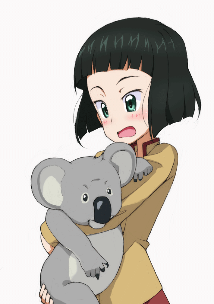 1girl, animal, bangs, black_hair, blunt_bangs, blunt_ends, bob_cut, brown_jacket