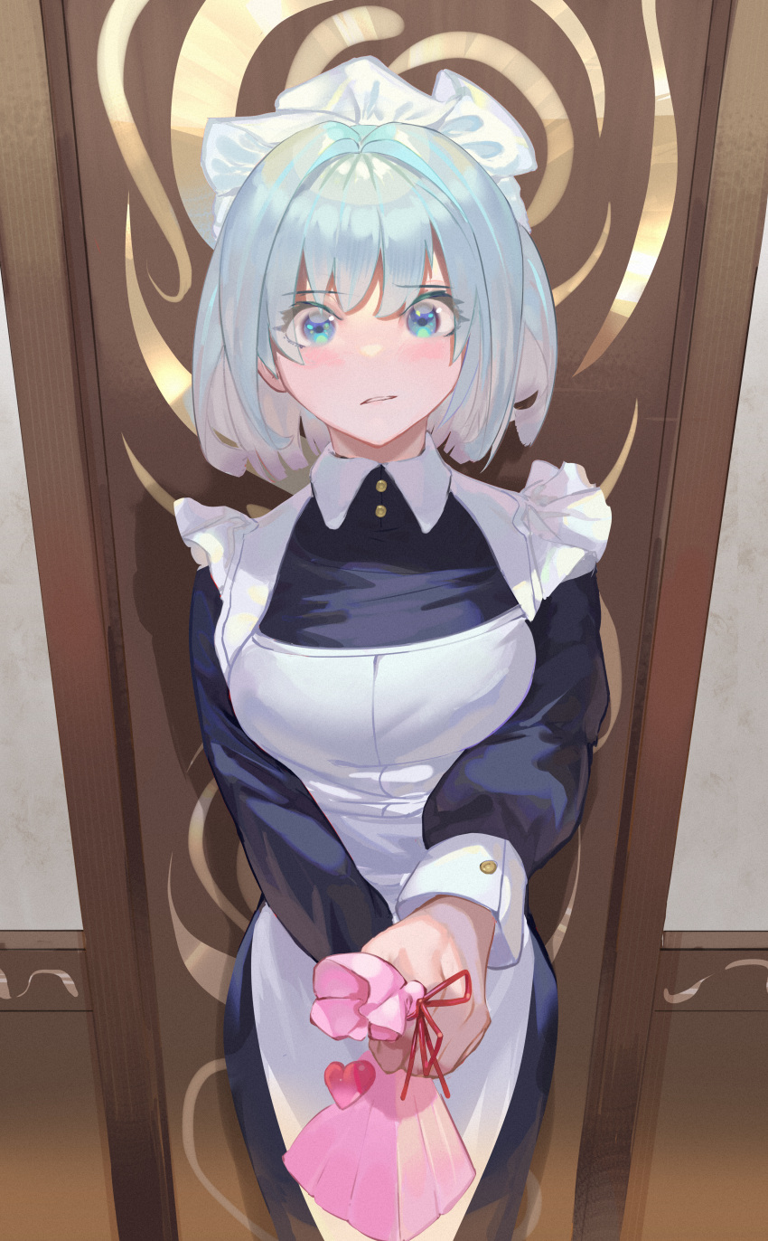 1girl, absurdres, apron, black_sleeves, blue_eyes, blush, breasts, closed_mouth