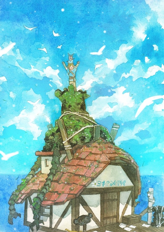 1boy, arms_up, bird, blonde_hair, blue_tunic, brown_gloves, clouds, day