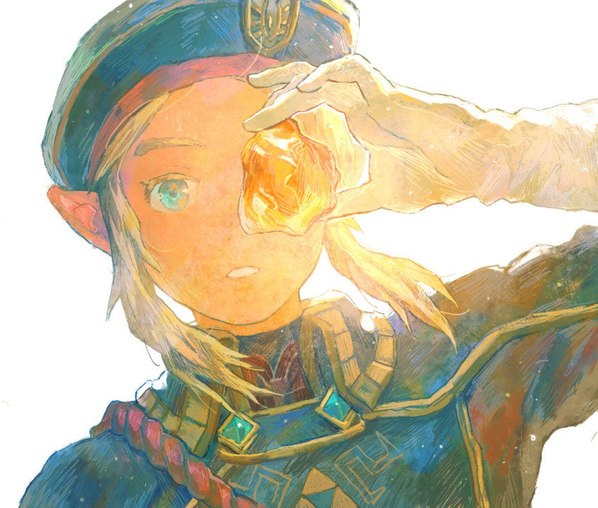 1boy, blonde_hair, blue_eyes, blue_headwear, gloves, hat, highres, holding