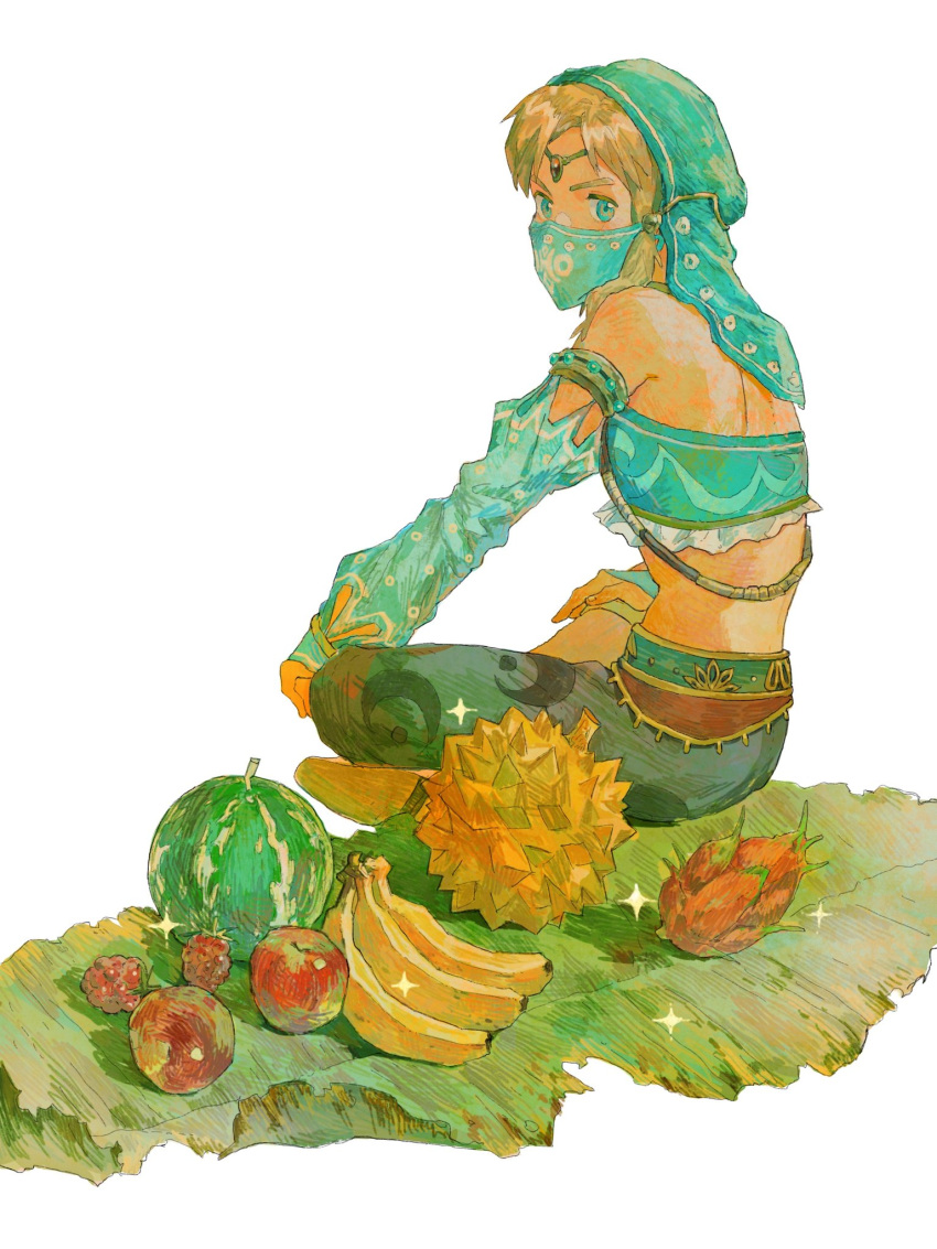 1boy, apple, arabian_clothes, banana, blonde_hair, blue_eyes, circlet, crossdressinging