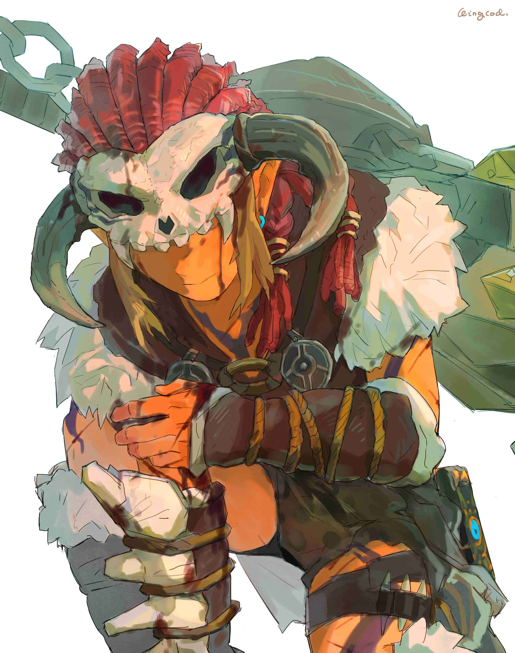1boy, animal_skull, barbarian_set_(zelda), blonde_hair, blood, blood_on_face, chain, closed_mouth