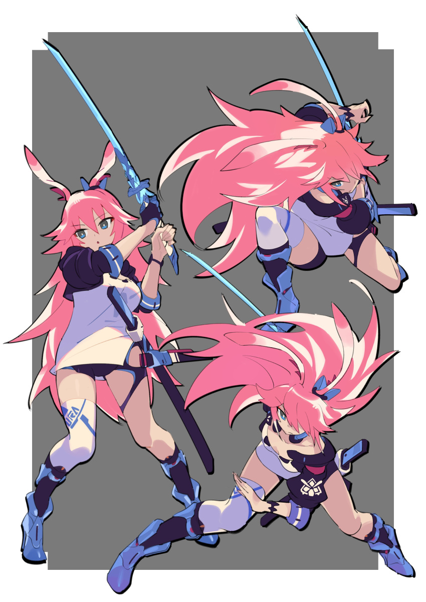 3girls, absurdres, alternate_eye_color, animal_ears, blue_eyes, blue_footwear, closed_mouth, fighting_stance