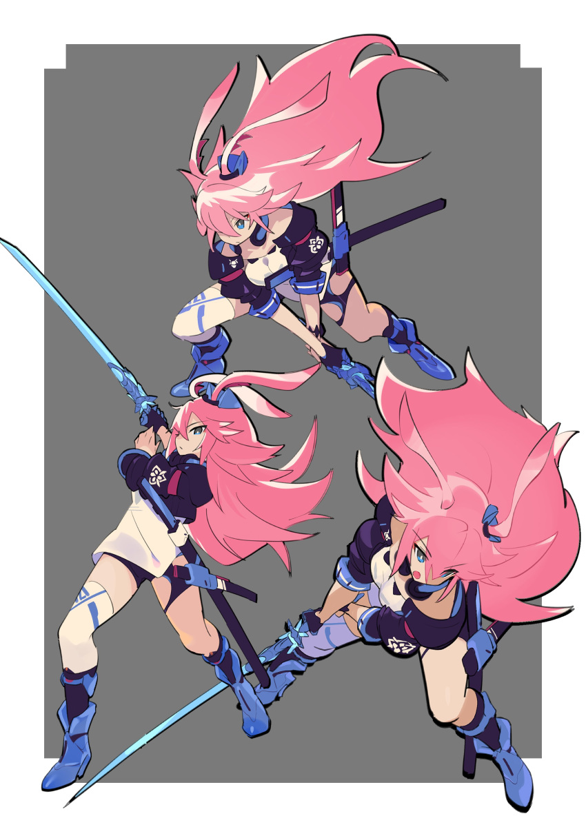 3girls, absurdres, alternate_eye_color, animal_ears, blue_eyes, blue_footwear, closed_mouth, fighting_stance