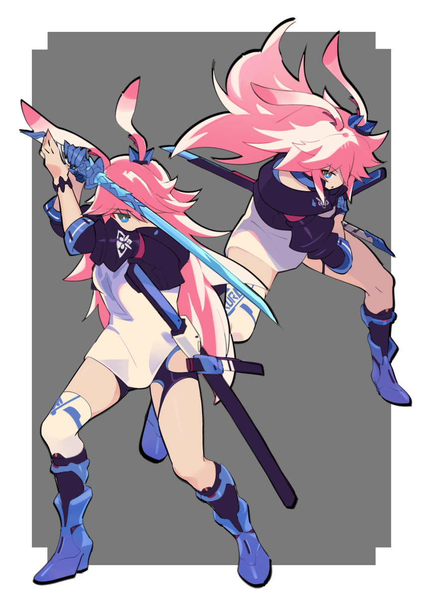 2girls, absurdres, alternate_eye_color, animal_ears, blue_eyes, blue_footwear, fighting_stance, fox_ears