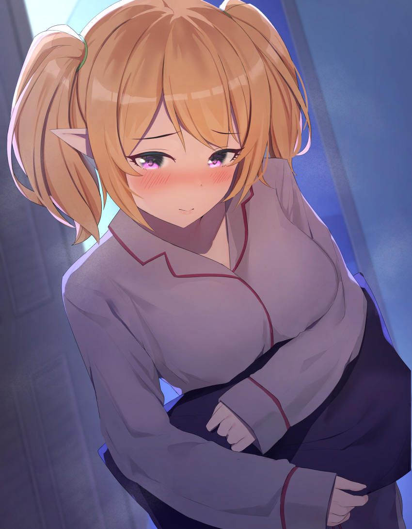 1girl, absurdres, bangs, blonde_hair, blush, breasts, chloe_(princess_connect!), elf, highres, huge_filesize, large_breasts, long_hair, long_sleeves, looking_at_viewer, onikokko, pointy_ears, princess_connect!, solo, twintails, violet_eyes