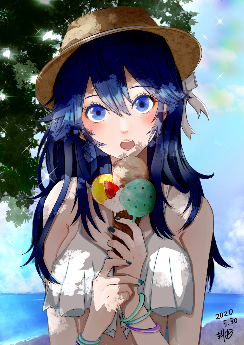 absurdres, beach, bikini, blue_hair, blue_nails, blush, bracelet, eating