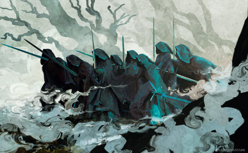 6+boys, anato_finnstark, artist_name, black_cloak, cloak, fog, gauntlets, hands_up