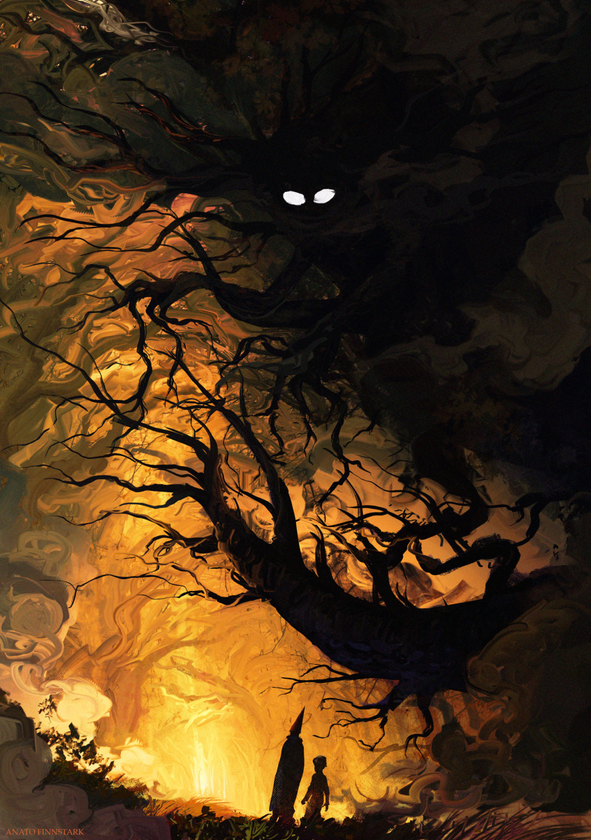 2boys, anato_finnstark, artist_name, forest, from_behind, hat, highres, monster