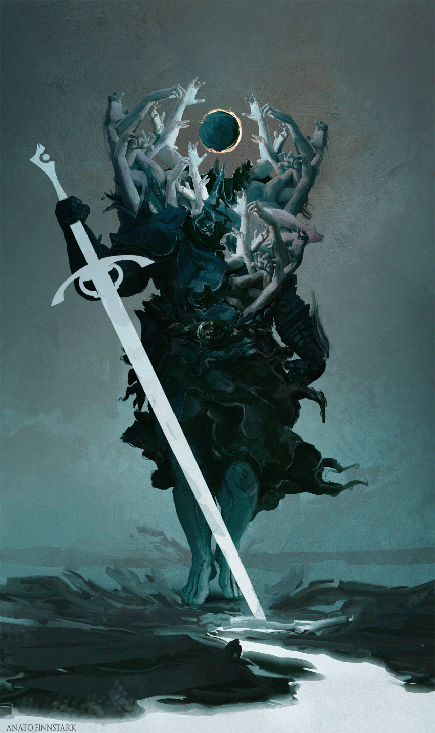 1other, absurdres, anato_finnstark, armor, artist_name, barefoot, commentary, eclipse, english_commentary, extra_hands, fantasy, highres, holding, holding_sword, holding_weapon, horror_(theme), monster, original, sword, walking, weapon