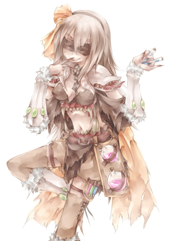 1girl, bangs, between_fingers, black_blindfold, black_hairband, black_shirt, blindfold, boots, bow, breasts, brown_bow, brown_cape, brown_footwear, brown_skirt, cape, commentary_request, crop_top, detached_sleeves, fingernails, foot_out_of_frame, genetic_(ragnarok_online), grey_hair, grey_sleeves, grin, hair_between_eyes, hair_bow, hairband, living_clothes, long_hair, lunaraven, medium_breasts, navel, off-shoulder_shirt, off_shoulder, potion, ragnarok_online, sharp_fingernails, shirt, simple_background, skirt, smile, solo, teeth, tongue, vial, white_background