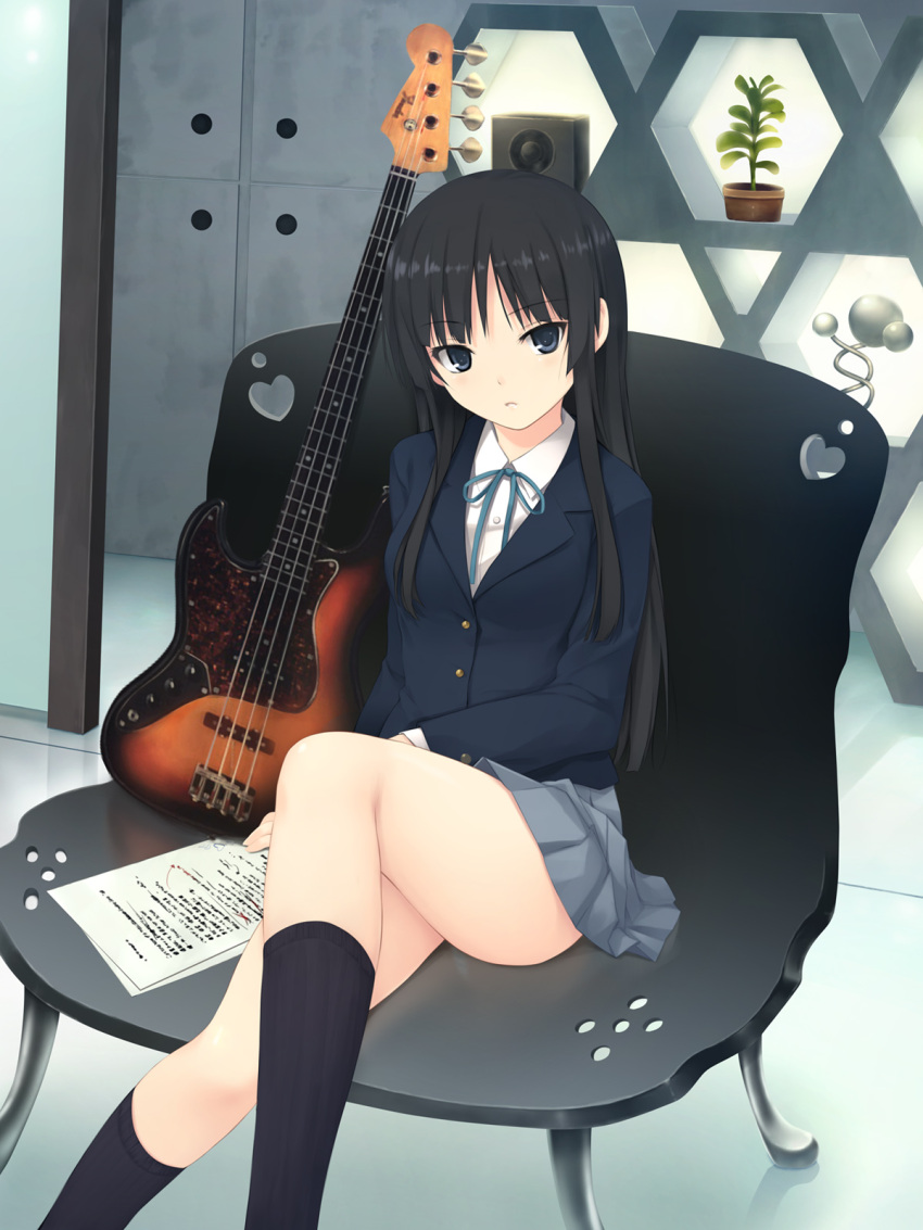 bass_guitar, black_hair, black_legwear, black_socks, blue_eyes, bottom_touching_surface, chair, coffee-kizoku