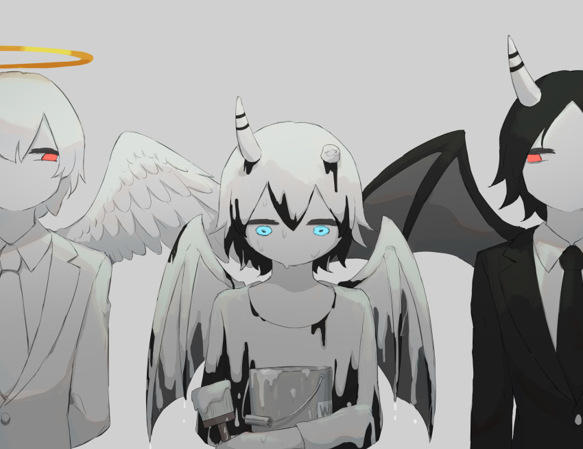 3boys, absurdres, angel, avogado6, black_hair, black_jacket, blue_eyes, broken_horn, bucket, colored_skin, demon, demon_boy, demon_wings, grey_background, halo, highres, holding, holding_bucket, holding_paintbrush, horns, jacket, long_sleeves, looking_down, multiple_boys, necktie, no_mouth, original, paint, paint_on_body, paint_on_clothes, paint_on_face, paintbrush, red_eyes, simple_background, white_hair, white_jacket, white_neckwear, white_skin, wings