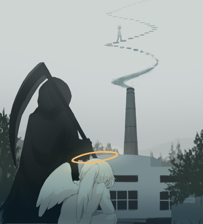 3others, absurdres, angel_wings, avogado6, black_cape, cape, colored_skin, cremation, day, death_(entity), feathered_wings, from_behind, grey_sky, halo, highres, holding, holding_scythe, hood, hood_up, jacket, long_sleeves, multiple_others, original, outdoors, scythe, stairs, symbolism, white_jacket, white_skin, white_wings, wings