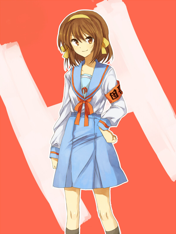 bad_id, brown_eyes, brown_hair, h, hair_ribbon, hairband, kutsushita, ribbon