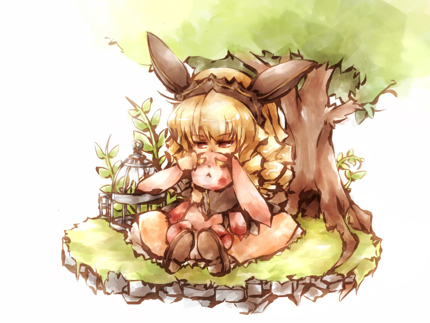 1girl, :<, animal_ears, bangs, birdcage, black_sleeves, blonde_hair, brown_eyes