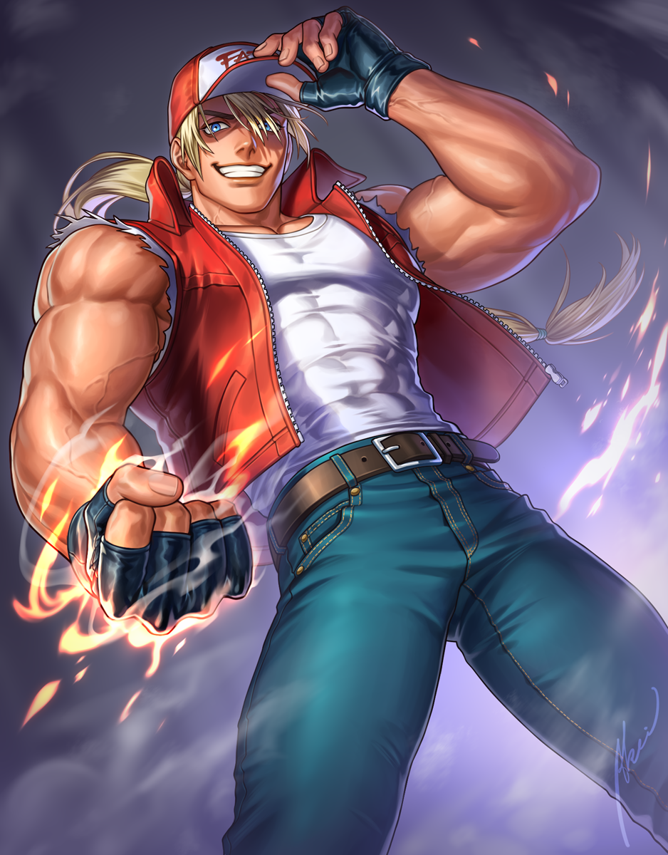 1boy, abs, arm_up, bangs, bare_shoulders, baseball_cap, biceps, blonde_hair