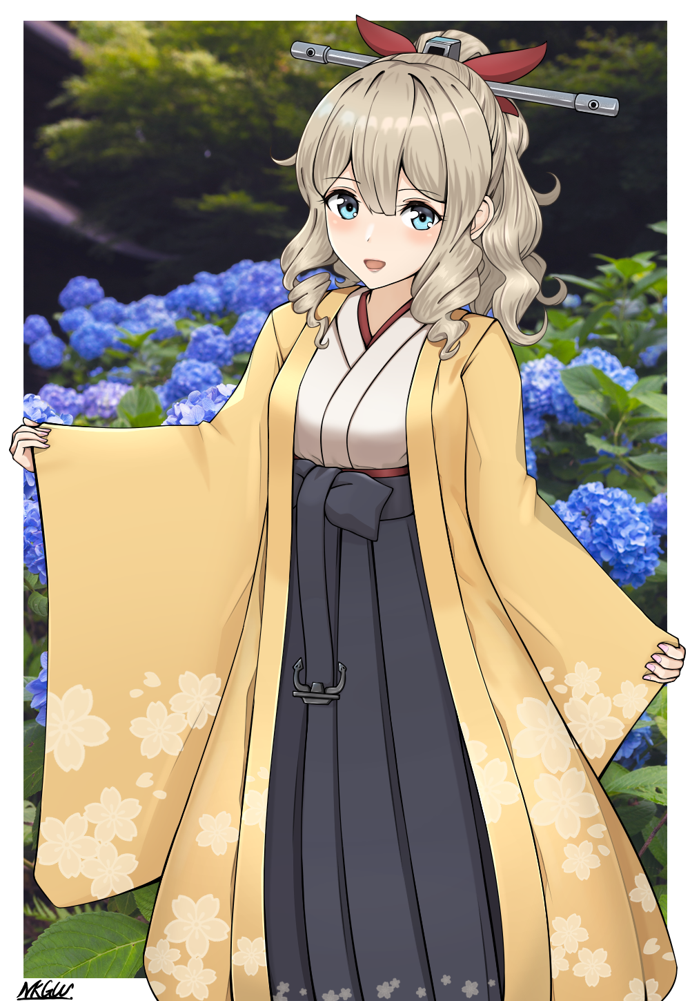 1girl, black_hakama, blue_eyes, drill_hair, hair_between_eyes, hakama, haori, hatakaze_(kancolle)