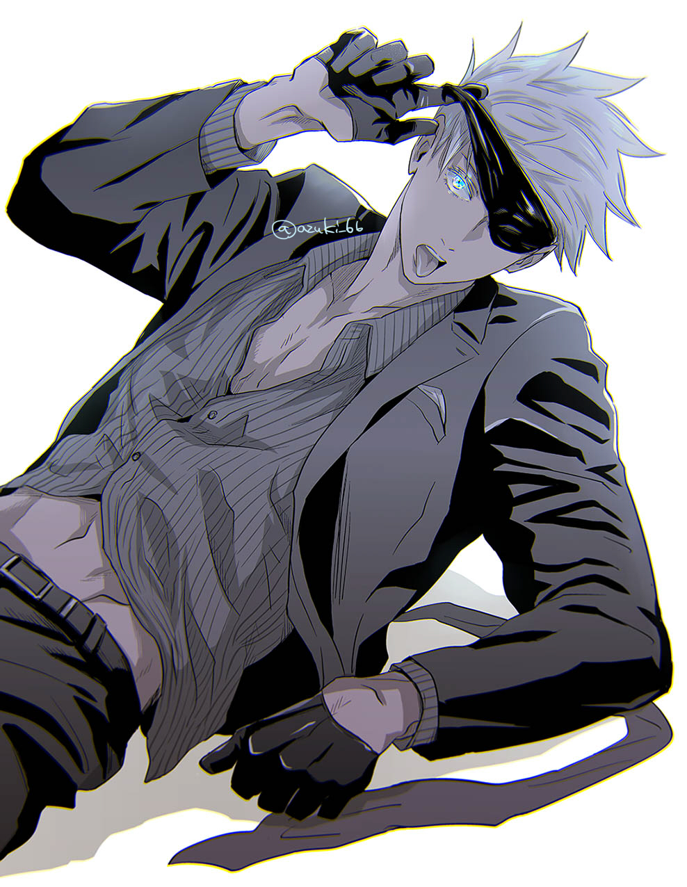 1boy, azuki_66, belt, black_belt, black_blindfold, black_gloves, black_jacket, black_pants
