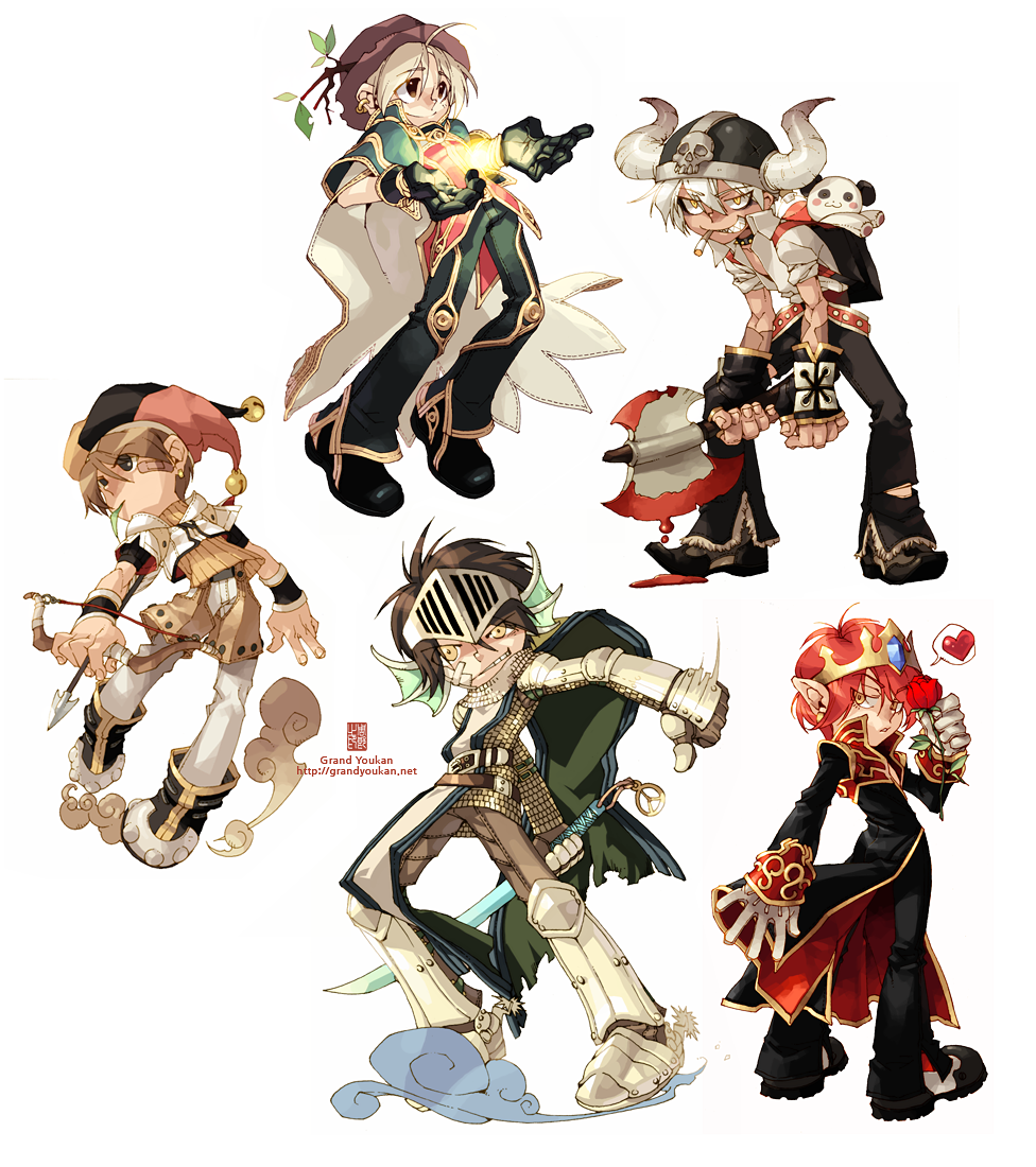 5boys, armor, armored_boots, arrow_(projectile), artist_name, axe, backpack, bag