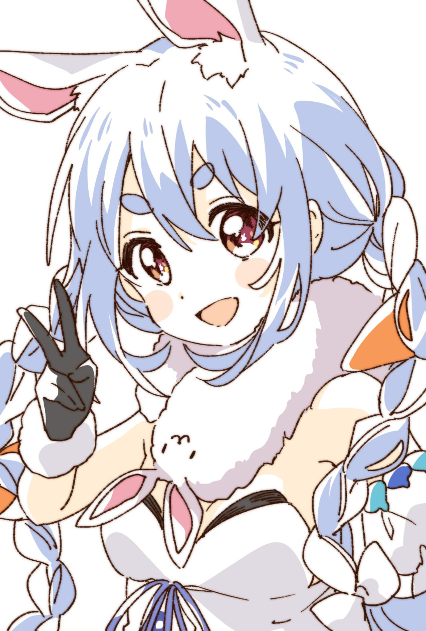 1girl, animal_ear_fluff, animal_ears, blue_hair, braid, carrot, carrot_hair_ornament, don-chan_(usada_pekora)