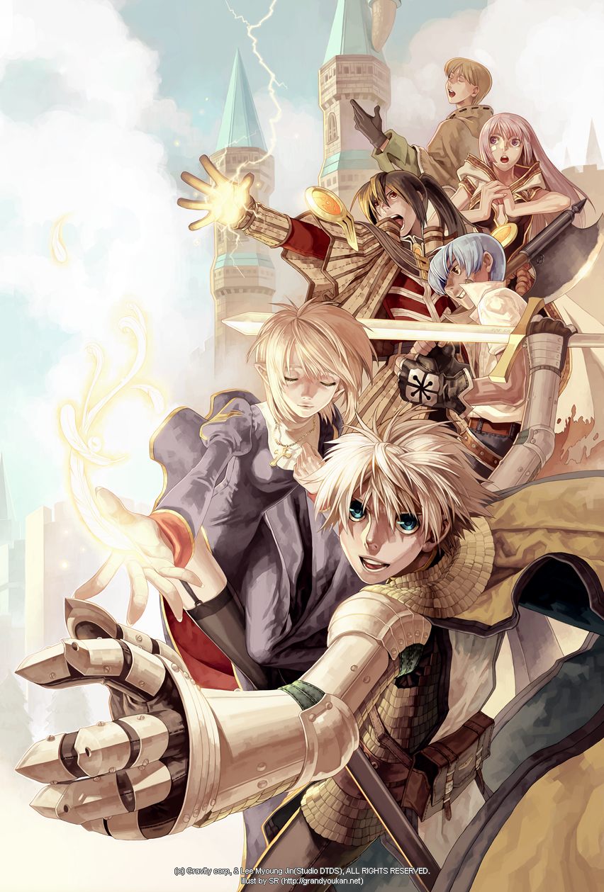2girls, 4boys, armor, artist_name, axe, bangs, bard_(ragnarok_online), belt