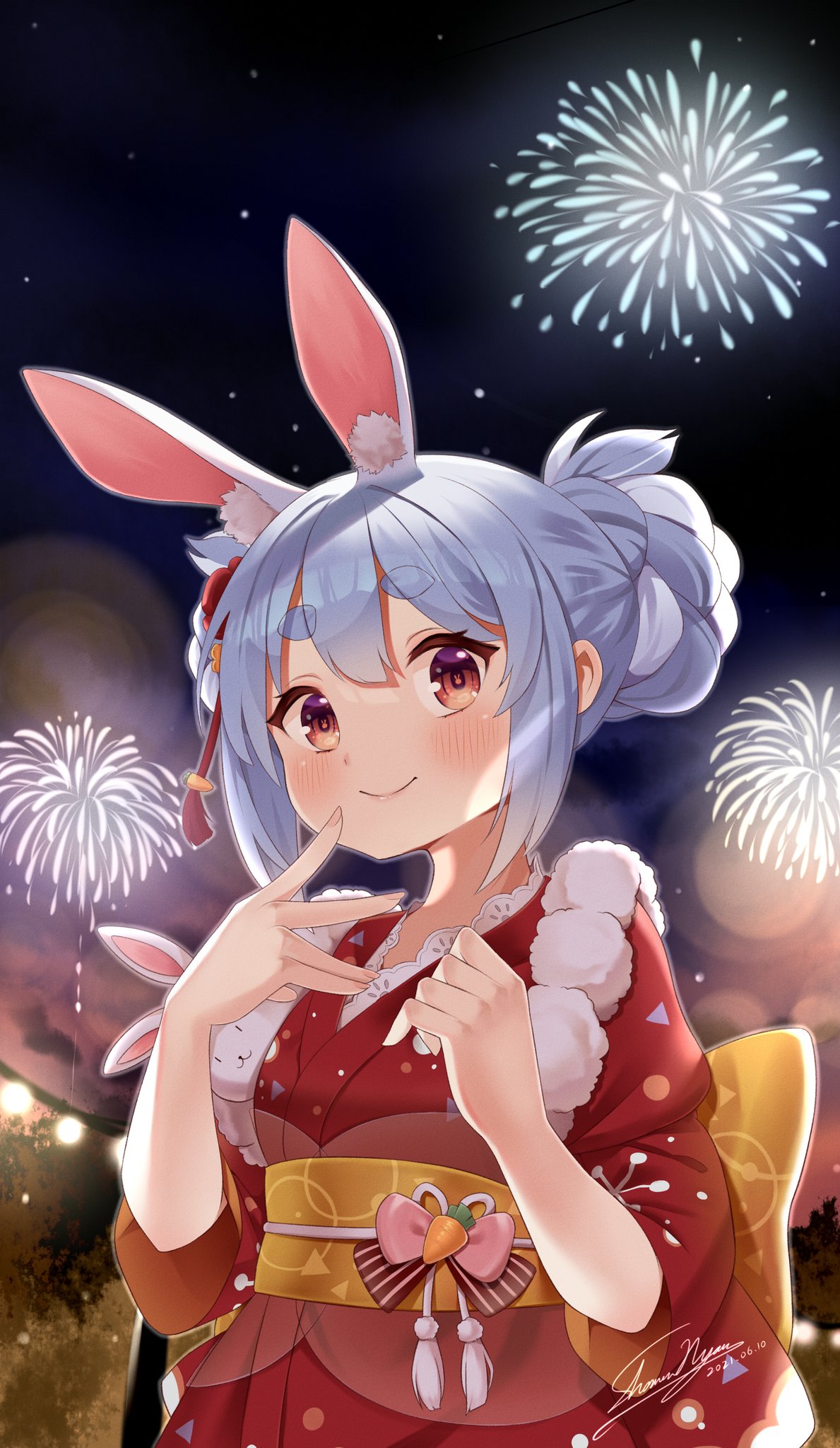 1girl, animal_ear_fluff, animal_ears, bangs, blue_hair, blush, braid, braided_bun
