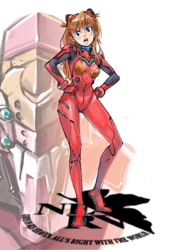 brown_hair, eva_02, hands_on_hips, long_hair, neon_genesis_evangelion, ojisan_bosatsu, plugsuit, solo