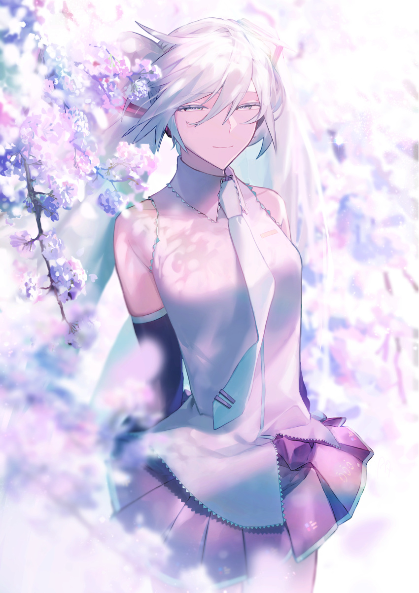 1girl, agyou_sonokou_l, aqua_eyes, aqua_hair, aqua_neckwear, arms_behind_back, bare_shoulders, black_skirt