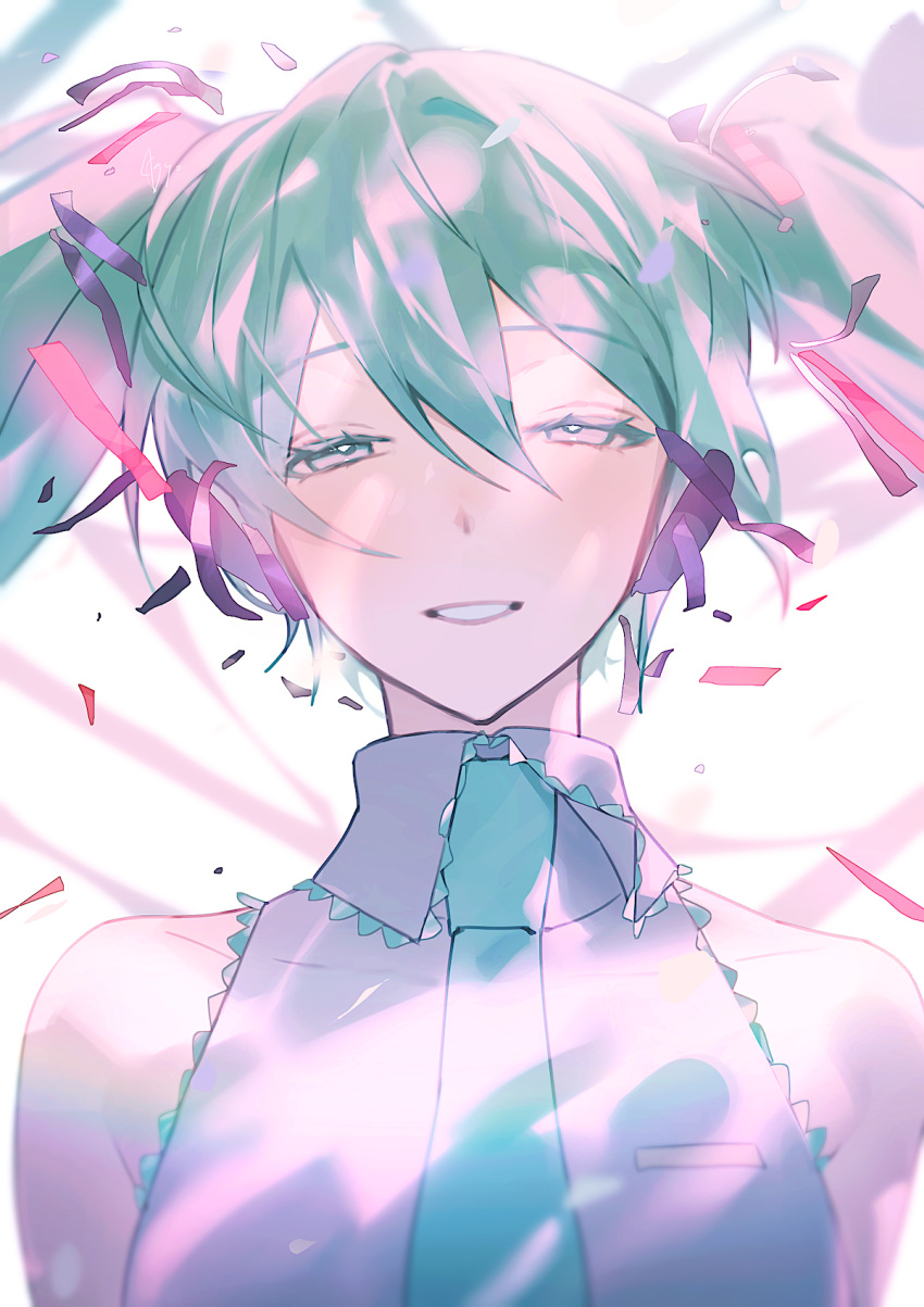 1girl, agyou_sonokou_l, aqua_hair, aqua_neckwear, bare_shoulders, blurry, blurry_background, broken_headphones