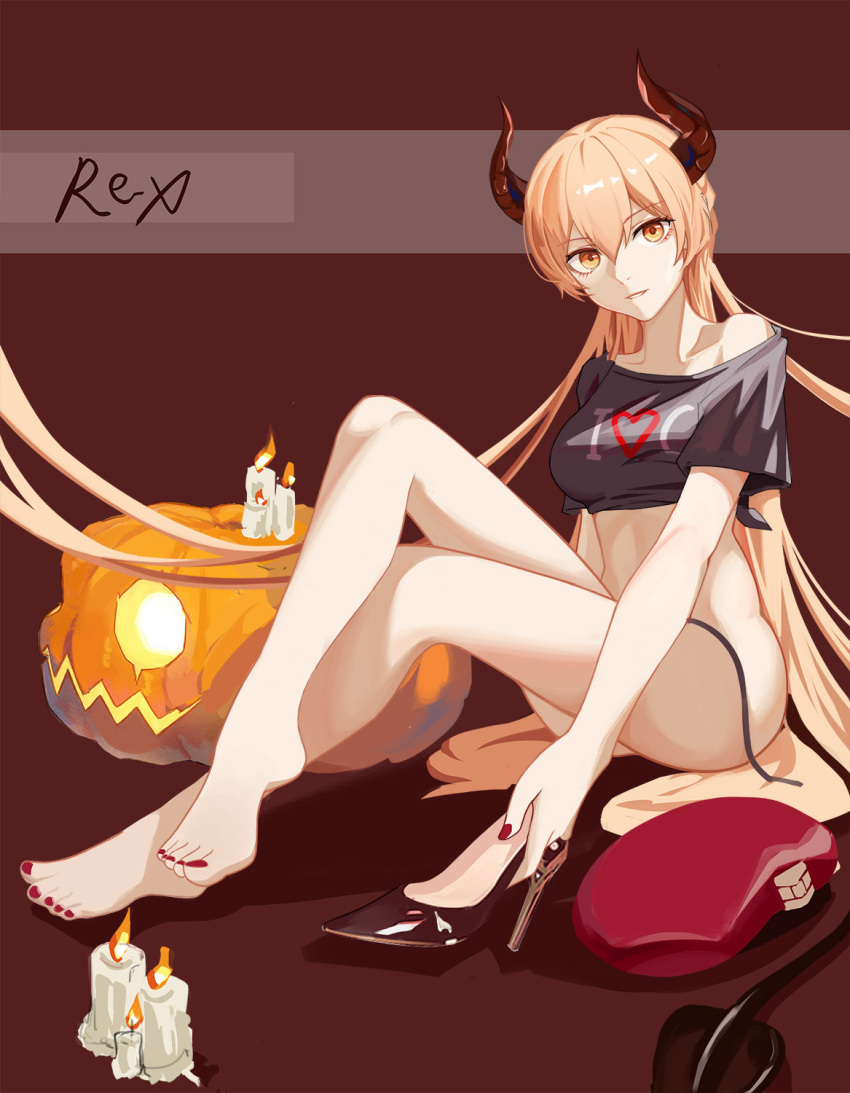 1girl, artist_name, bare_legs, barefoot, blonde_hair, breasts, candle, closed_mouth, collarbone, crossed_legs, demon_horns, demon_tail, eyebrows_visible_through_hair, girls_frontline, halloween, high_heels, highres, holding, holding_shoes, horns, legs, long_hair, looking_at_viewer, medium_breasts, nail_polish, ots-14_(girls_frontline), pumpkin, red_nails, regenerate-x, shoes, simple_background, single_shoe, sitting_on_floor, smile, soles, solo, tail, thighs, toenail_polish, toes, yellow_eyes