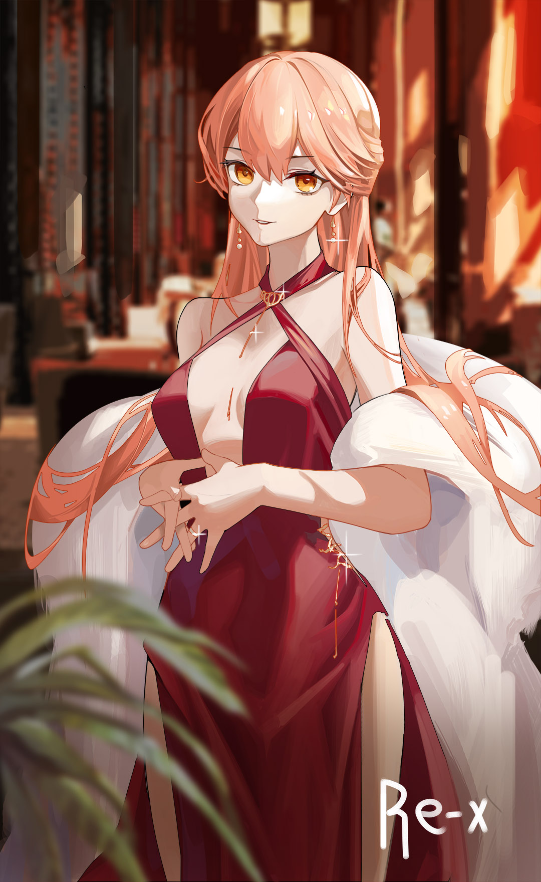 1girl, artist_name, bare_shoulders, blonde_hair, breasts, dress, earrings, eyebrows_visible_through_hair