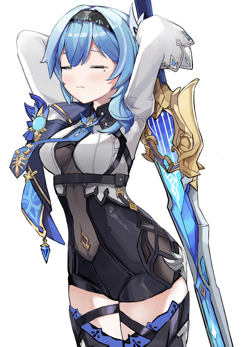 1girl, arms_up, bangs, black_hairband, blue_hair, blue_neckwear, breasts, chinese_commentary
