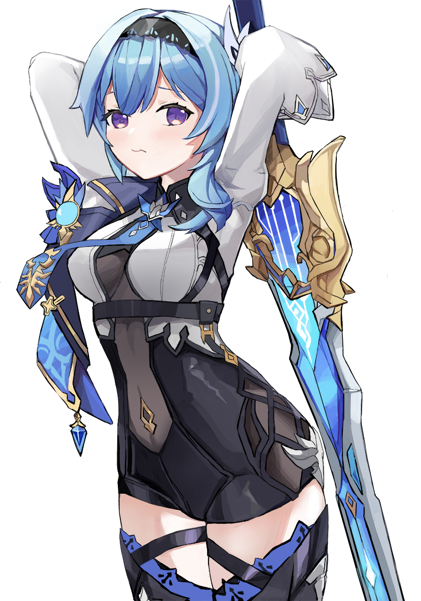 1girl, arms_up, bangs, black_hairband, blue_hair, blue_neckwear, breasts, chinese_commentary