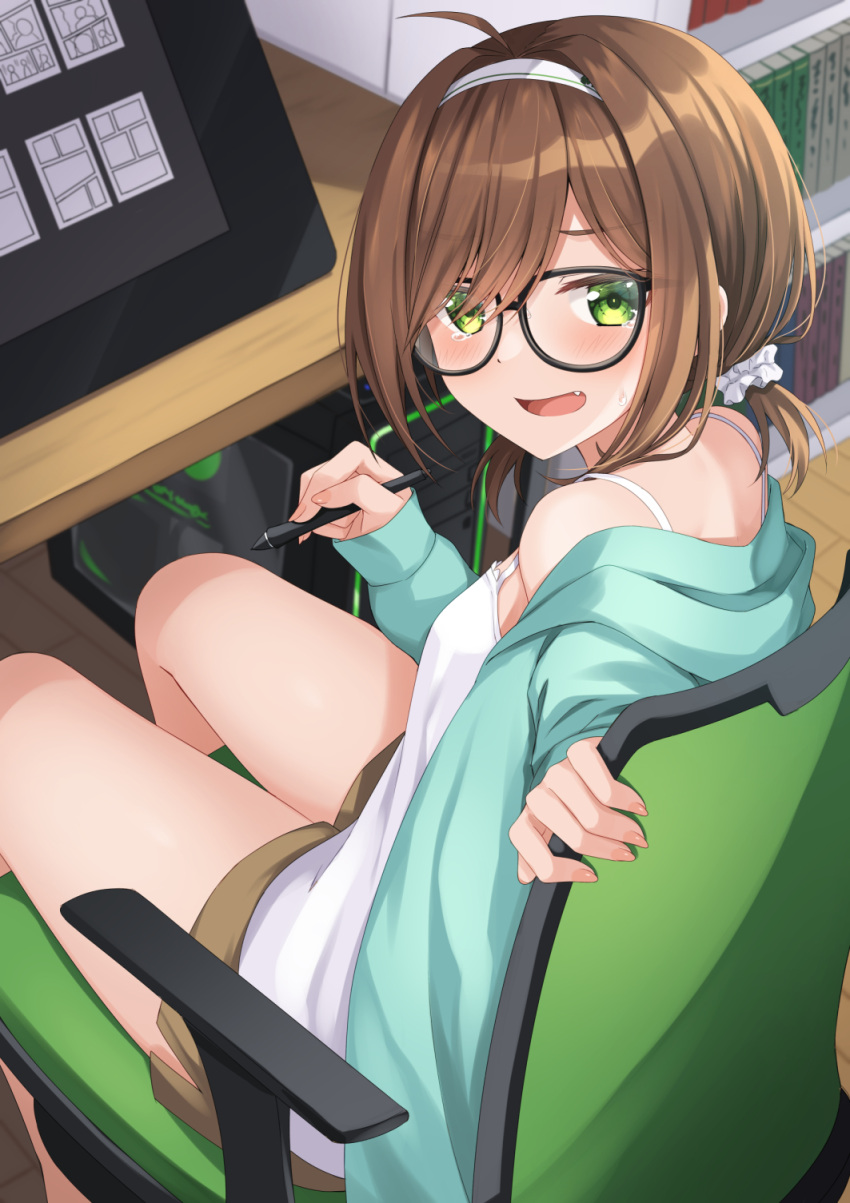 1girl, ahoge, bangs, bare_shoulders, black-framed_eyewear, blue_jacket, blush, brown_hair, brown_shorts, camisole, chair, commentary_request, computer, drawing_tablet, fang, glasses, green_eyes, hair_ornament, hair_over_one_eye, hair_scrunchie, hairband, haru_(kuzuyu), highres, holding, holding_stylus, hood, hood_down, hooded_jacket, indoors, jacket, komori_kuzuyu, long_sleeves, looking_at_viewer, looking_back, low_twintails, office_chair, on_chair, open_clothes, open_jacket, open_mouth, original, scrunchie, short_shorts, short_twintails, shorts, sitting, sleeves_past_wrists, solo, stylus, sweat, table, tears, twintails, white_camisole, white_hairband, white_scrunchie, wooden_floor