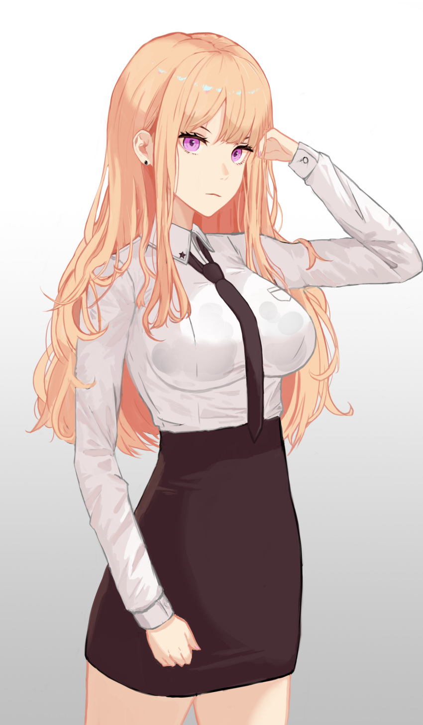 1girl, absurdres, black_neckwear, black_skirt, blonde_hair, breasts, business_suit, closed_mouth, eye_piercing, eyebrows_visible_through_hair, feet_out_of_frame, formal, hand_in_hair, hanser, highres, long_hair, looking_at_viewer, medium_breasts, necktie, original, shirt, skirt, solo, standing, suit, violet_eyes, white_background, white_shirt