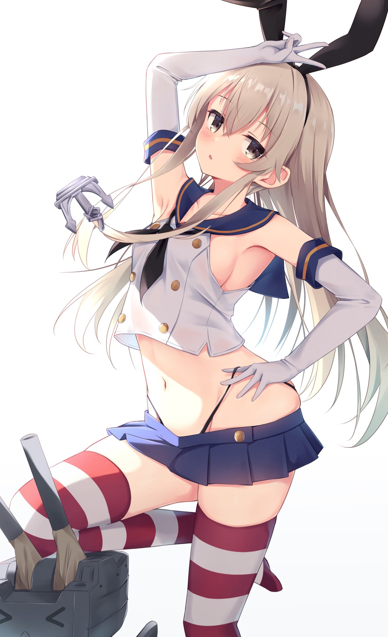 1girl, anchor_hair_ornament, black_hairband, black_neckwear, black_panties, blonde_hair, blue_sailor_collar, blue_skirt