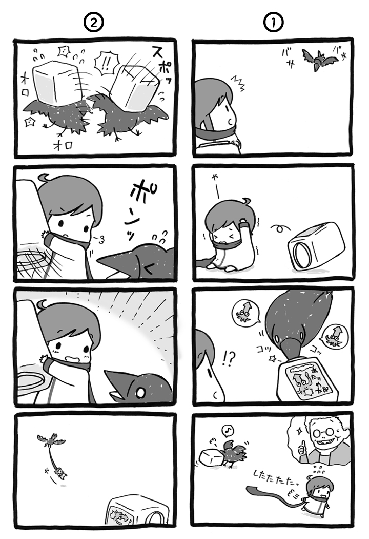 4koma, bird, chibi, child, comic, crow, kaito, monochrome, o_o, scarf, shimota, silent_comic, smile, vocaloid, young, |_|