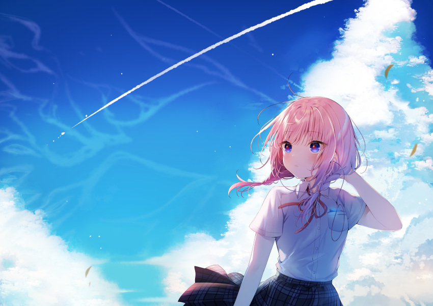 1girl, arm_behind_head, bangs, blue_eyes, blue_sky, braid, cellphone, clouds