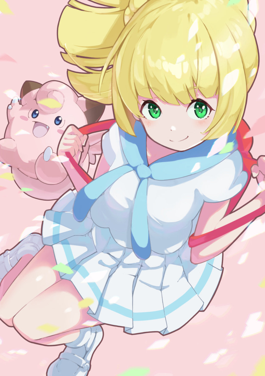 1girl, backpack, bag, bangs, blonde_hair, blush, breasts, clefairy