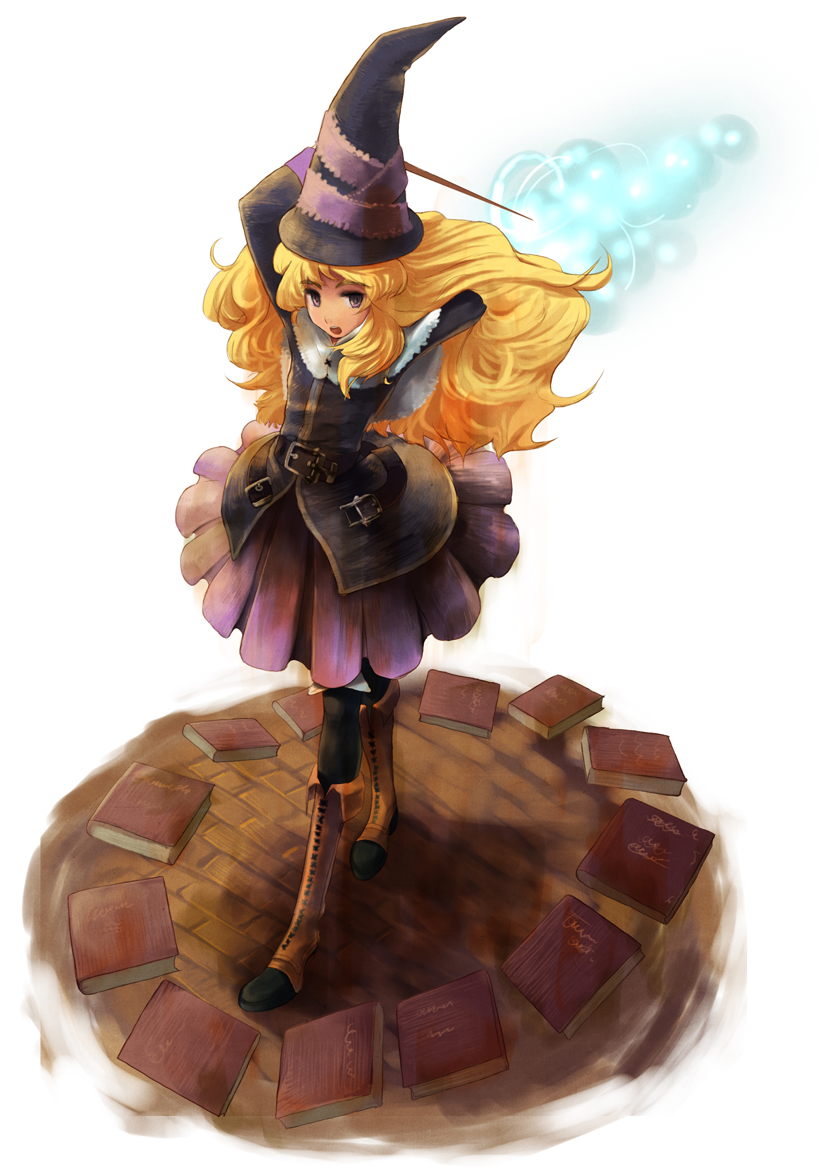 1girl, black_legwear, blonde_hair, book, boots, dress, grimgrimoire, hat