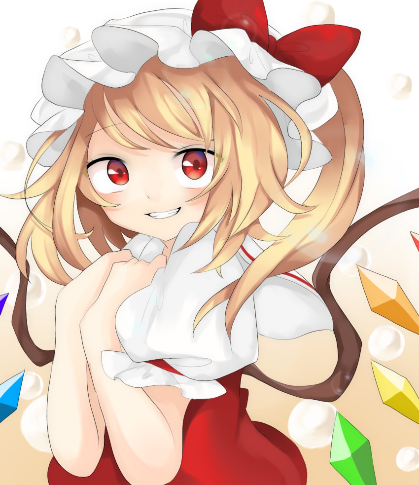 1girl, bangs, blonde_hair, bow, brown_background, bubble, bubble_background, crystal