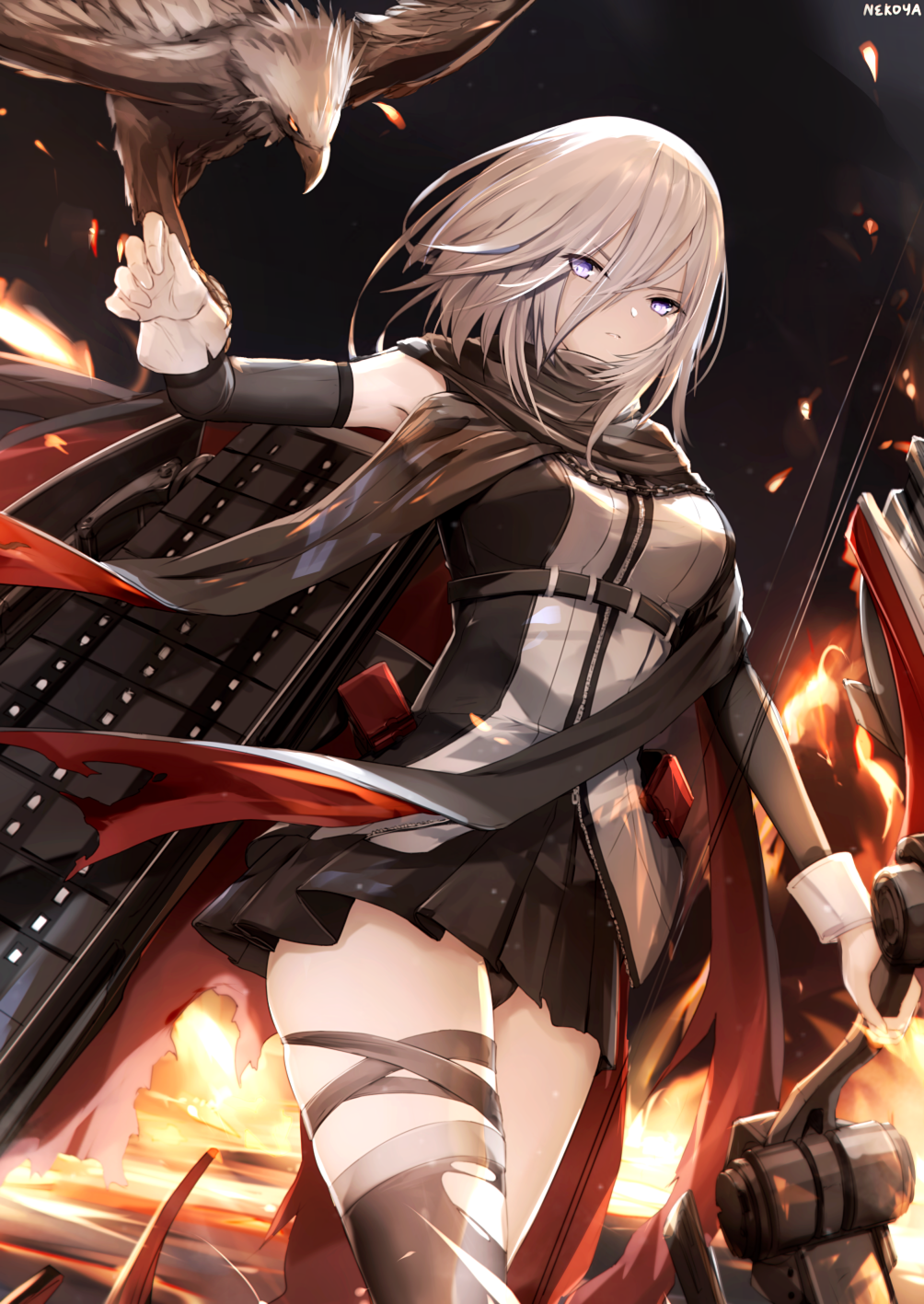 1girl, arm_warmers, azur_lane, bald_eagle, bandaged_leg, bandages, bangs, bare_shoulders