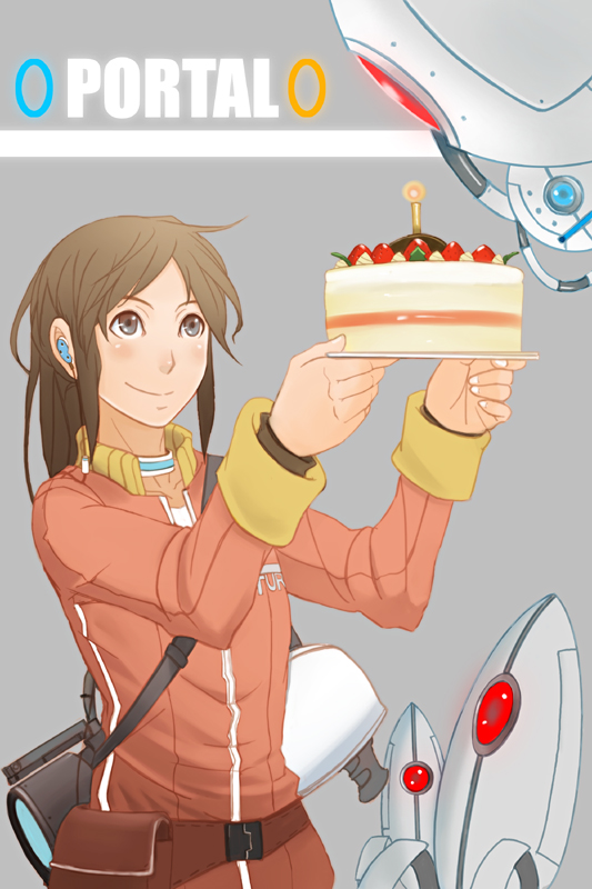brown_eyes, brown_hair, cake, candle, chell, food, glados, good_end