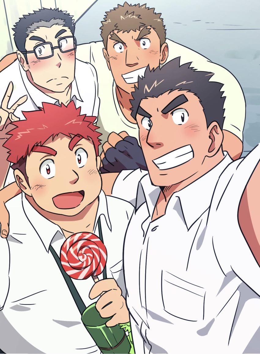 4boys, arm_around_shoulder, blush, candy, facial_hair, food, grin, highres, kengo_(tokyo_houkago_summoners), lollipop, male_focus, master_3_(tokyo_houkago_summoners), multiple_boys, plump, ruizu_(takakisan503), ryota_(tokyo_houkago_summoners), selfie, shiro_(tokyo_houkago_summoners), shirt, short_hair, sideburns, smile, stubble, tokyo_houkago_summoners, white_shirt